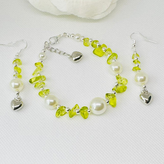 Smykkesett i krystall og akrylperler - gulgrønt