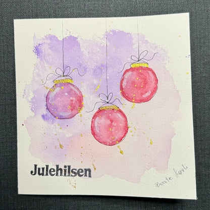 Julekort med julekuler rosa og lilla kuler